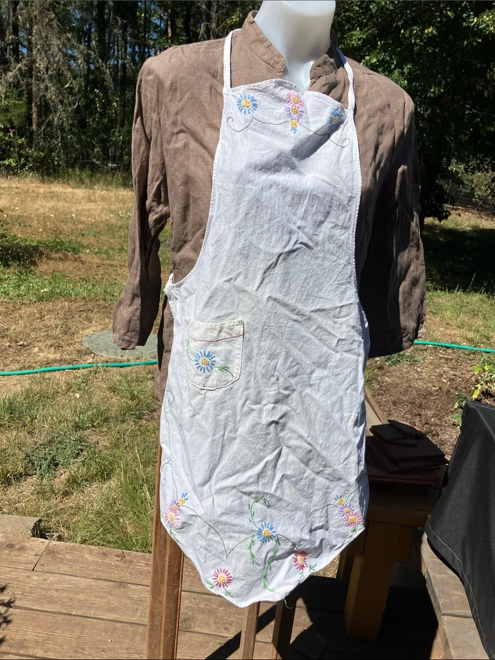 Vintage cotton hand, embroidered apron white with flowers